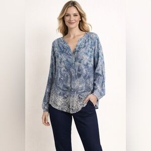 Zac & Rachel Blue Ombre Boho Blouse Mother Of Pearl Buttons Women Sz 1X Peasant